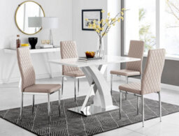 Furniturebox Atlanta White High Gloss And Chrome 4 Seater Dining Table With Statement X Shaped Legs And 4 Beige Faux Leather Milan Chairs - thumbnail 1