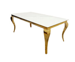 Stratus Interiors Gold Louis Dining Table With Gold Long Metal Legs - Add Professional Assembly And Delivery To Room Of Choice - 1 Mt - Grey Glass