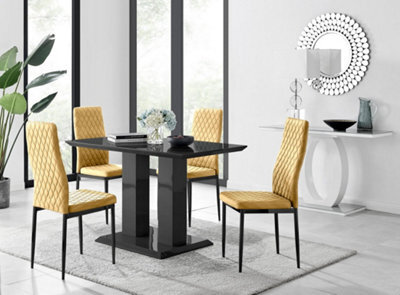 Furniturebox Imperia 4 Modern Black High Gloss Dining Table And 4 Mustard Velvet Milan Black Leg Chairs - image 1