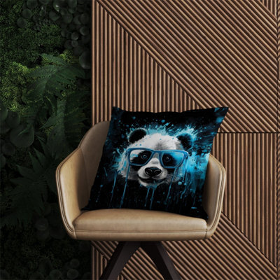 Warren Reed Designer Blue Splashart Panda Face Outdoor Cushion 60Cm X 60Cm