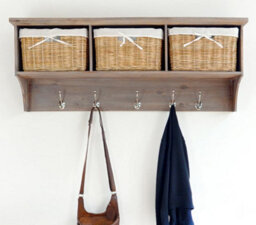 Statement Furniture Tetbury Acacia Wood Hanging Shelf With Coat Hooks And Storage Baskets - Large