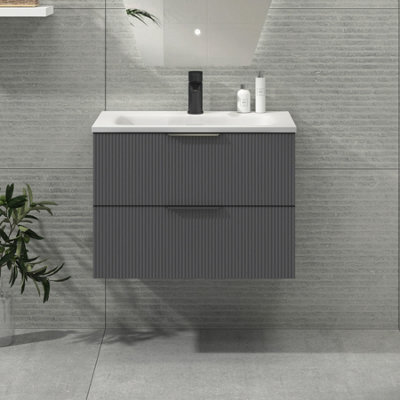 Royal Bathrooms Evora 700mm Graphite Grey Fluted Wall Hung Bathroom Vanity Unit 2 Drawer Cabinet Storage With Stone Basin & Matt Black Handles - image 1