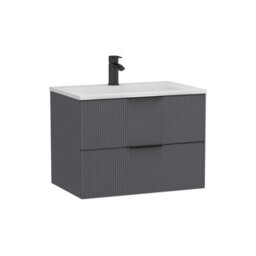 Royal Bathrooms Evora 700mm Graphite Grey Fluted Wall Hung Bathroom Vanity Unit 2 Drawer Cabinet Storage With Stone Basin & Matt Black Handles - thumbnail 5