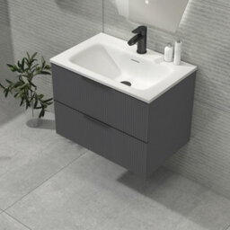Royal Bathrooms Evora 700mm Graphite Grey Fluted Wall Hung Bathroom Vanity Unit 2 Drawer Cabinet Storage With Stone Basin & Matt Black Handles - thumbnail 4