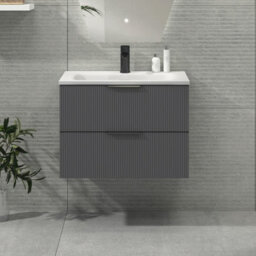 Royal Bathrooms Evora 700mm Graphite Grey Fluted Wall Hung Bathroom Vanity Unit 2 Drawer Cabinet Storage With Stone Basin & Matt Black Handles