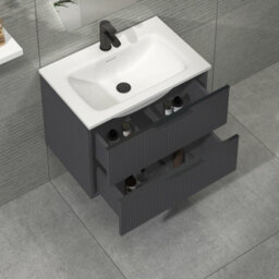 Royal Bathrooms Evora 700mm Graphite Grey Fluted Wall Hung Bathroom Vanity Unit 2 Drawer Cabinet Storage With Stone Basin & Matt Black Handles - thumbnail 3