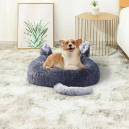 Living And Home Grey Round Soft Plush Pet Dog Cat Kitten Bed With Cute Ears 50 Cm - thumbnail 2