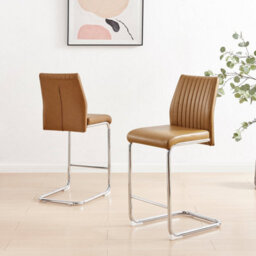 Furniturebox Uk Lorenzo 2X  Tan Faux Leather & Silver Leg Counter Stools - thumbnail 3