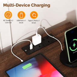 Walnut Bedside Table With Charging Station, Grille Nightstand - thumbnail 4