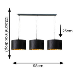 Valuelights Reni Black Velvet & Gold Drum Shade 3 Drop Bar Black Diner Ceiling Pendant Light - thumbnail 8
