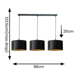 Valuelights Reni Black Velvet & Gold Drum Shade 3 Drop Bar Black Diner Ceiling Pendant Light - thumbnail 6