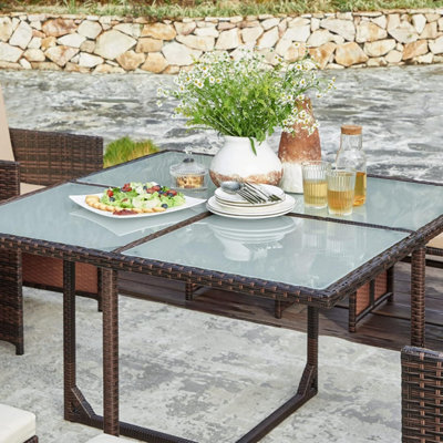 LEDREM Garden Furniture Set Dining Table And Chairs, Set Of 9 Pe Rattan Outdoor Patio Furniture, Dining Furniture, Brown And Beige - image 1