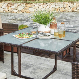 LEDREM Garden Furniture Set Dining Table And Chairs, Set Of 9 Pe Rattan Outdoor Patio Furniture, Dining Furniture, Brown And Beige