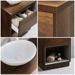 Homestylestore Dark Oak 600mm Bathroom Vanity Unit Oval Chalk Countertop Basin Open Shelf - thumbnail 2