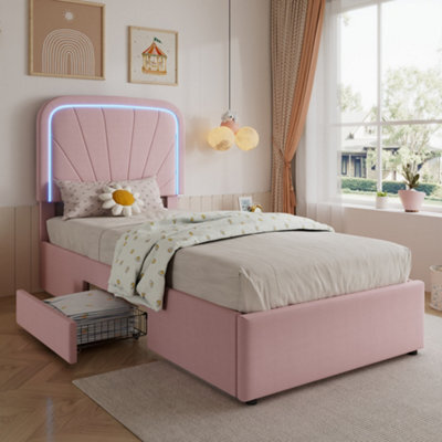 Abrihome 3Ft Kids Upholstered Bed 90X190Cm With 2 Storage Drawers, Velvet Headboard & Sturdy Slats, Pink - image 1