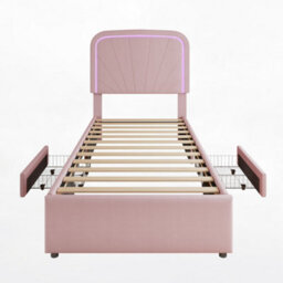 Abrihome 3Ft Kids Upholstered Bed 90X190Cm With 2 Storage Drawers, Velvet Headboard & Sturdy Slats, Pink - thumbnail 6