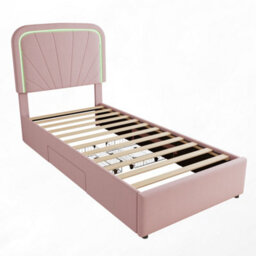 Abrihome 3Ft Kids Upholstered Bed 90X190Cm With 2 Storage Drawers, Velvet Headboard & Sturdy Slats, Pink - thumbnail 5