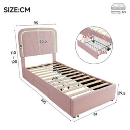 Abrihome 3Ft Kids Upholstered Bed 90X190Cm With 2 Storage Drawers, Velvet Headboard & Sturdy Slats, Pink - thumbnail 4