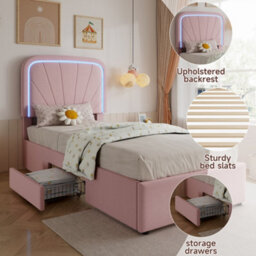 Abrihome 3Ft Kids Upholstered Bed 90X190Cm With 2 Storage Drawers, Velvet Headboard & Sturdy Slats, Pink - thumbnail 3