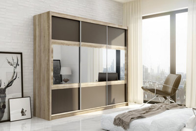 Arte Canyon Oak & Lava 250Cm Mirrored Sliding Wardrobe - Bold Brown-Grey Finesse With Ample Storage - image 1
