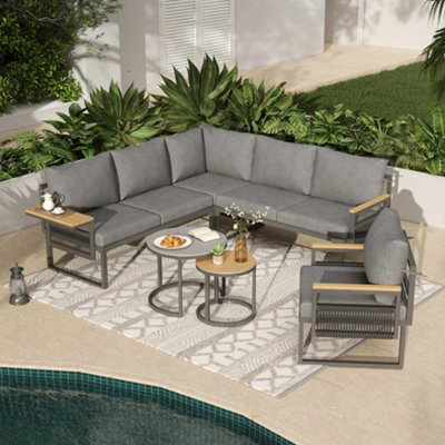 Abrihome Grey Linen 5-6 Seater Garden Lounge Set With Rope Woven Corner Sofa, Armchair, 2 Nesting Glass Tables & Adjustable Trays - image 1