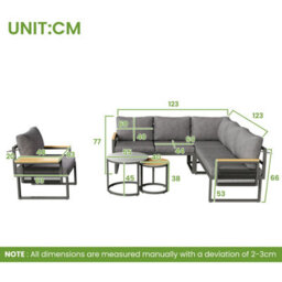Abrihome Grey Linen 5-6 Seater Garden Lounge Set With Rope Woven Corner Sofa, Armchair, 2 Nesting Glass Tables & Adjustable Trays - thumbnail 6