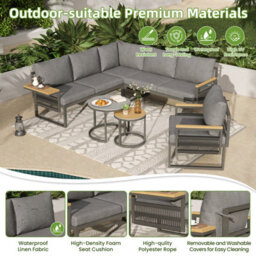 Abrihome Grey Linen 5-6 Seater Garden Lounge Set With Rope Woven Corner Sofa, Armchair, 2 Nesting Glass Tables & Adjustable Trays - thumbnail 2