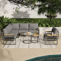 Abrihome Grey Linen 5-6 Seater Garden Lounge Set With Rope Woven Corner Sofa, Armchair, 2 Nesting Glass Tables & Adjustable Trays - thumbnail 9