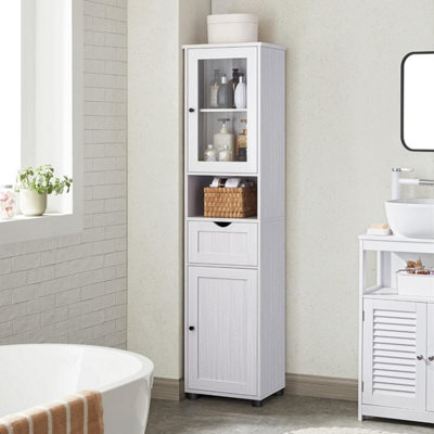 Songmics Tall Bathroom Cabinet Free Standing, Slim Bathroom Cupboard, With Open Shelf, Glass Door,space-Saving, Light Grey - image 1