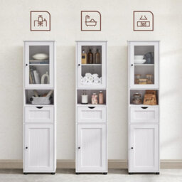 Songmics Tall Bathroom Cabinet Free Standing, Slim Bathroom Cupboard, With Open Shelf, Glass Door,space-Saving, Light Grey - thumbnail 3