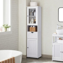 Tall Bathroom Cabinet Free Standing, Slim Bathroom Cupboard, With Open Shelf, Glass Door,space-Saving, Light Grey