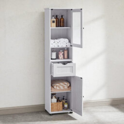 Songmics Tall Bathroom Cabinet Free Standing, Slim Bathroom Cupboard, With Open Shelf, Glass Door,space-Saving, Light Grey - thumbnail 5