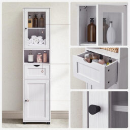 Songmics Tall Bathroom Cabinet Free Standing, Slim Bathroom Cupboard, With Open Shelf, Glass Door,space-Saving, Light Grey - thumbnail 4