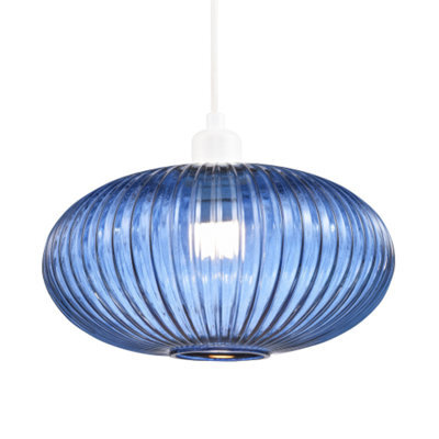 Happy Homewares Modern Designer Navy Midnight Blue Line Ribbed Glass Oval Pendant Lamp Shade - image 1