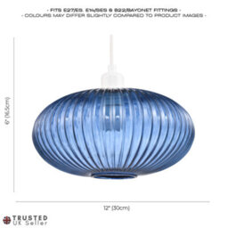 Happy Homewares Modern Designer Navy Midnight Blue Line Ribbed Glass Oval Pendant Lamp Shade - thumbnail 7