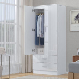 Reflect 2 Door 2 Drawer Combi Plain Wardrobe - White Gloss & Matt White - Hanging Rails, Drawers & Shelf - H: 180Cm X W: 76Cm - thumbnail 2