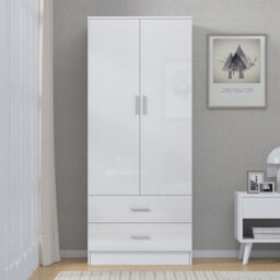 Reflect 2 Door 2 Drawer Combi Plain Wardrobe - White Gloss & Matt White - Hanging Rails, Drawers & Shelf - H: 180Cm X W: 76Cm - thumbnail 3