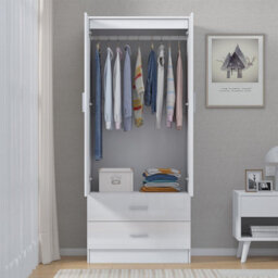 Reflect 2 Door 2 Drawer Combi Plain Wardrobe - White Gloss & Matt White - Hanging Rails, Drawers & Shelf - H: 180Cm X W: 76Cm - thumbnail 4