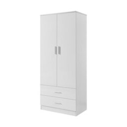 Reflect 2 Door 2 Drawer Combi Plain Wardrobe - White Gloss & Matt White - Hanging Rails, Drawers & Shelf - H: 180Cm X W: 76Cm