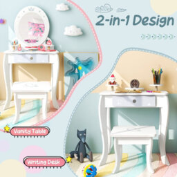 Costway 2-In-1 Kids Vanity Set Makeup Table & Chair Set W/ Removable Mirror For Kids 3+ - thumbnail 3