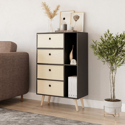 Urbn-Living Urbnliving 84Cm Height Black 6 Section Wooden Storage Bookcase With Pine Legs Cream Drawers - image 1