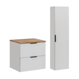 Impact Furniture Bathroom Cabinets Furniture Set 600mm Vanity Unit With Worktop Tallboy Tall Wall Storage White Ribbed Fluted Adel - thumbnail 3