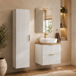 Impact Furniture Bathroom Cabinets Furniture Set 600mm Vanity Unit With Worktop Tallboy Tall Wall Storage White Ribbed Fluted Adel - thumbnail 2