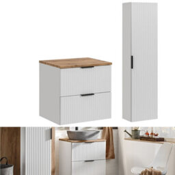 Impact Furniture Bathroom Cabinets Furniture Set 600mm Vanity Unit With Worktop Tallboy Tall Wall Storage White Ribbed Fluted Adel - thumbnail 1