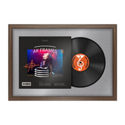 "AK Frames 25X17"" Walnut Sleek Vinyl Record Frame With Mid Grey Mount For 12 Inch Lp Cover & Disc - Overlapped Design"