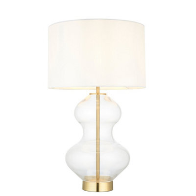 Luminosa Lighting Luminosa Kelda Shaped Table Lamp With Round Shade Satin Brass Plate, Clear Glass With Vintage White Fabric, 1X E27 - image 1