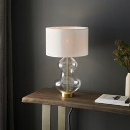 Luminosa Lighting Luminosa Kelda Shaped Table Lamp With Round Shade Satin Brass Plate, Clear Glass With Vintage White Fabric, 1X E27 - thumbnail 3