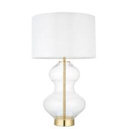 Luminosa Lighting Luminosa Kelda Shaped Table Lamp With Round Shade Satin Brass Plate, Clear Glass With Vintage White Fabric, 1X E27 - thumbnail 5