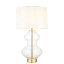 Luminosa Lighting Luminosa Kelda Shaped Table Lamp With Round Shade Satin Brass Plate, Clear Glass With Vintage White Fabric, 1X E27 - thumbnail 1