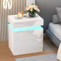 White 2Drawer High Gloss Bedside Table Cabinet Led Rgb Light Storage Nightstand - thumbnail 3
